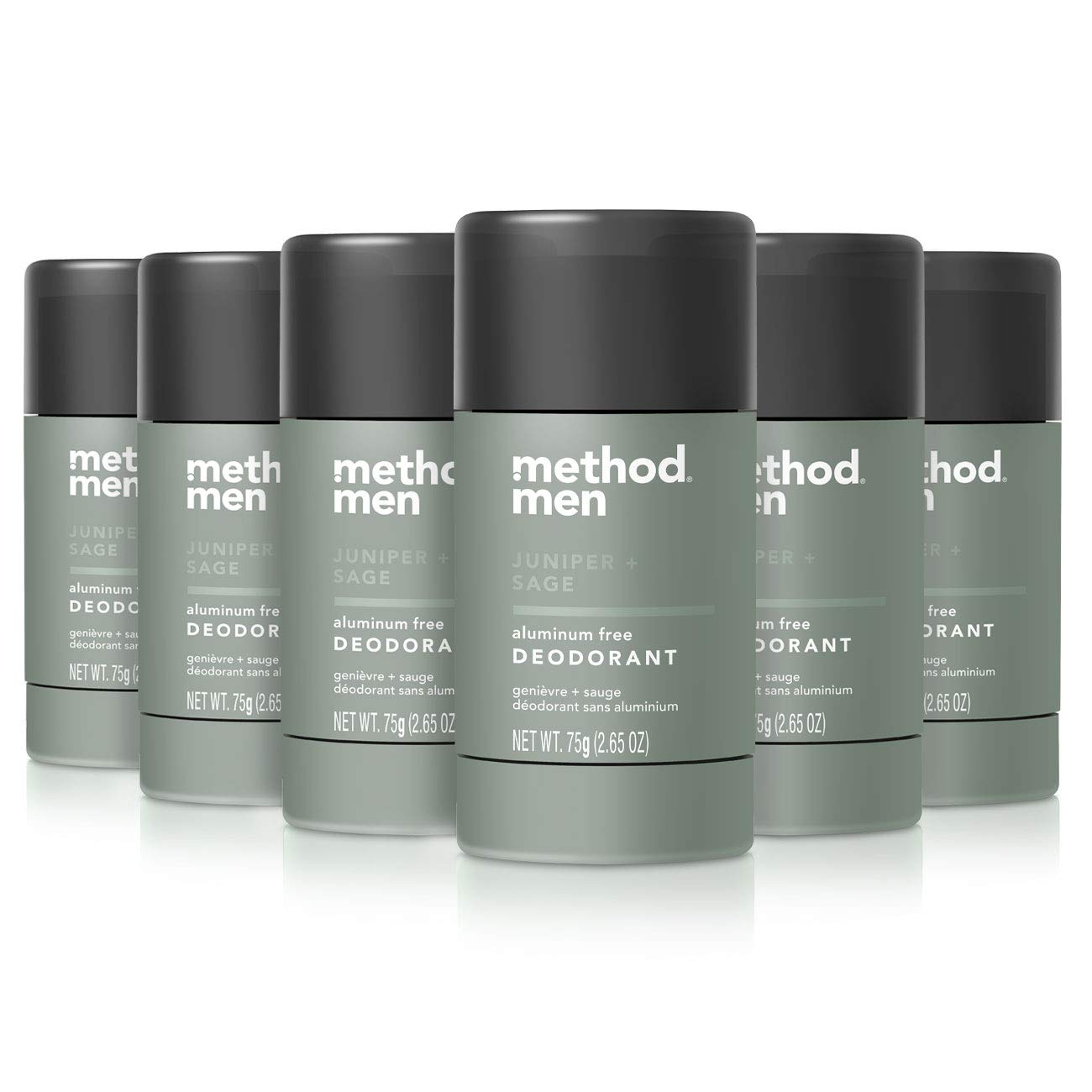 Method Mens aluminum-free Juniper & Sage deodorant stick front view with fresh fragrance.