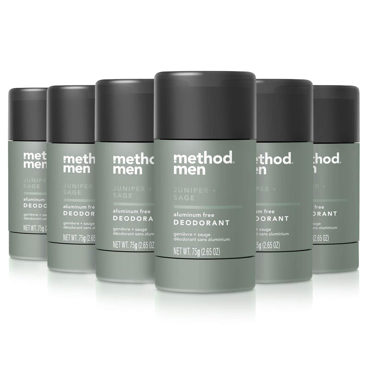 Method Mens aluminum-free Juniper & Sage deodorant stick front view with fresh fragrance.