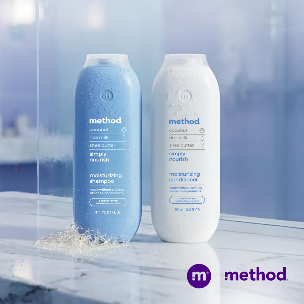 PCR-backed packaging shows 80% recycled plastic usage for Method Simply Nourish.