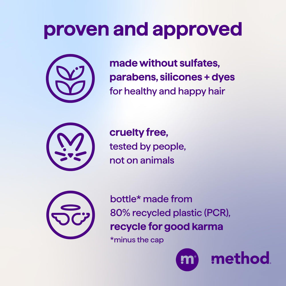 Color-treated hair kept vibrant by color-safe formula from Method Simply Nourish.