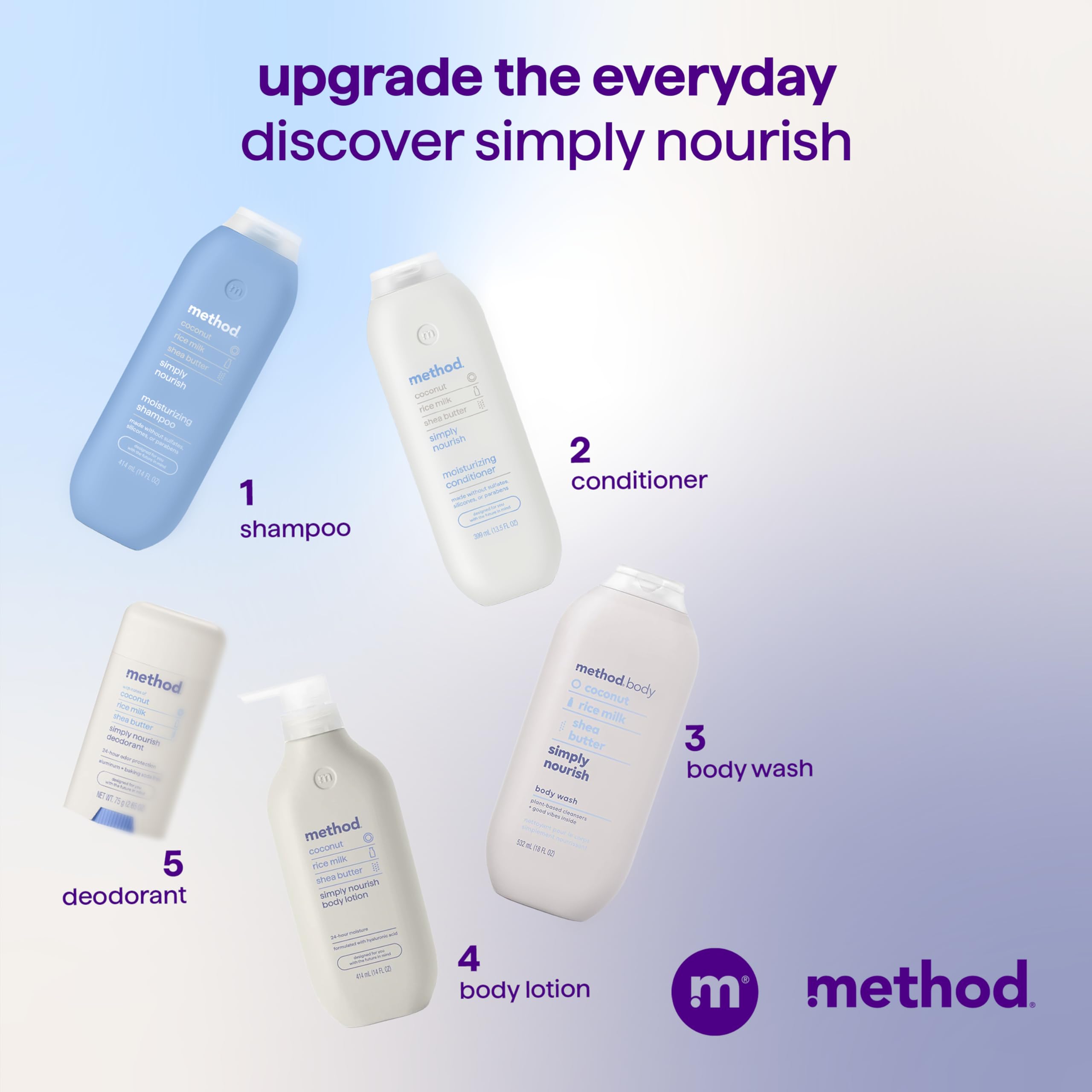 Shower scene featuring Method Simply Nourish supports daily routine.