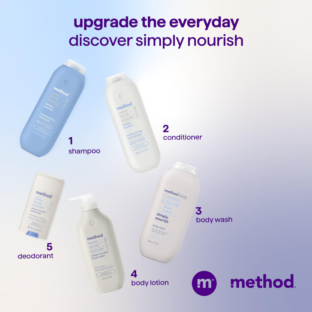 Shower scene featuring Method Simply Nourish supports daily routine.