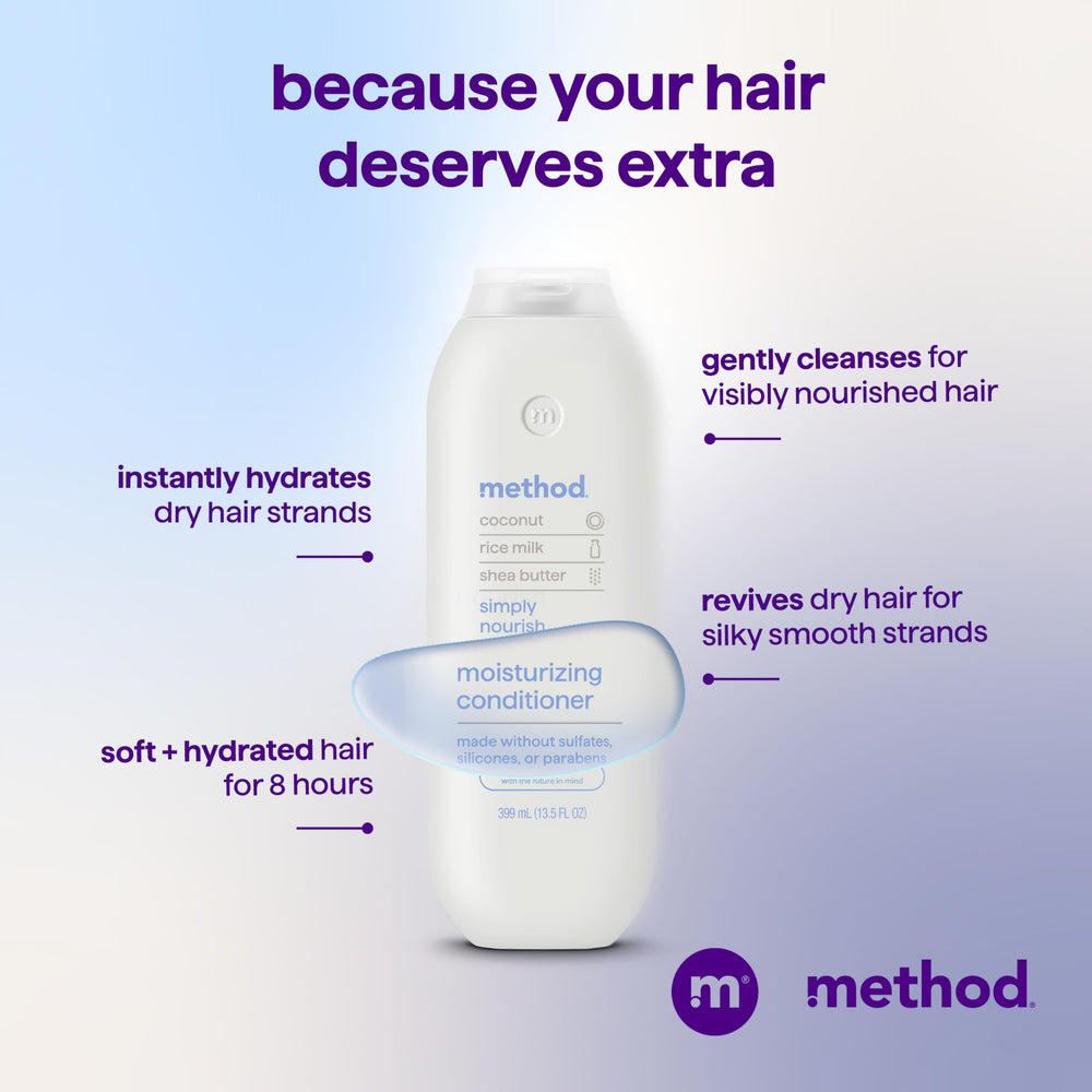 Applying Method Simply Nourish conditioner demonstrates detangling ease.