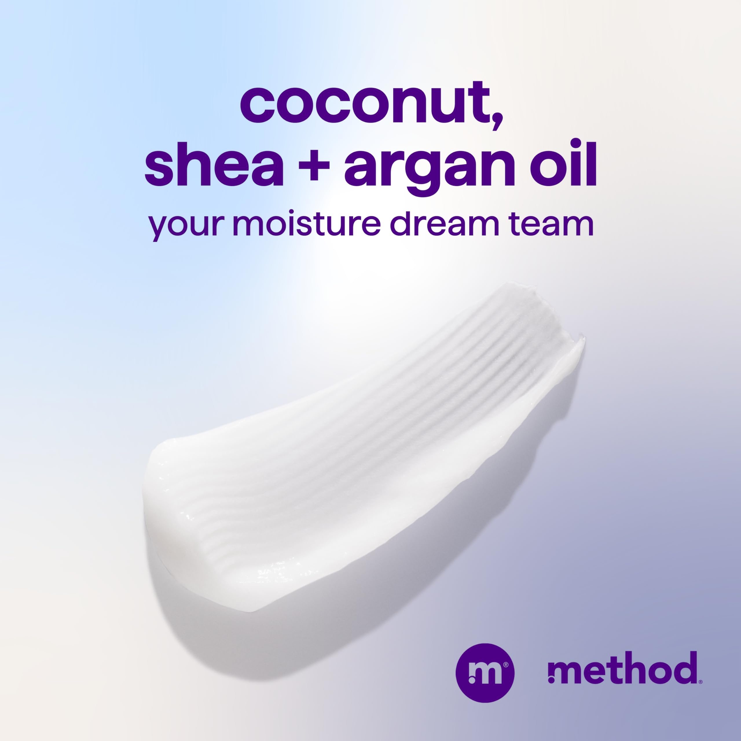 Ingredient visuals coconut, shea and rice milk emphasize moisture in Method Simply Nourish.