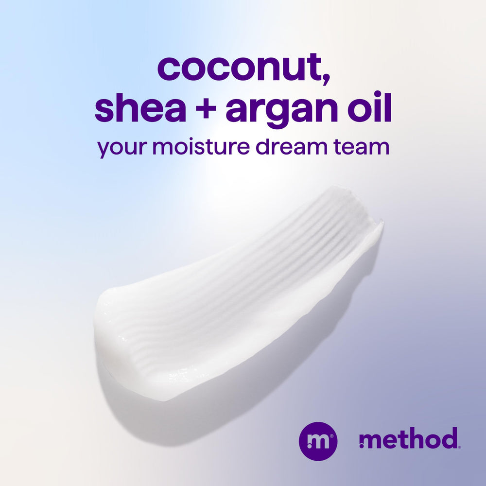 Ingredient visuals coconut, shea and rice milk emphasize moisture in Method Simply Nourish.