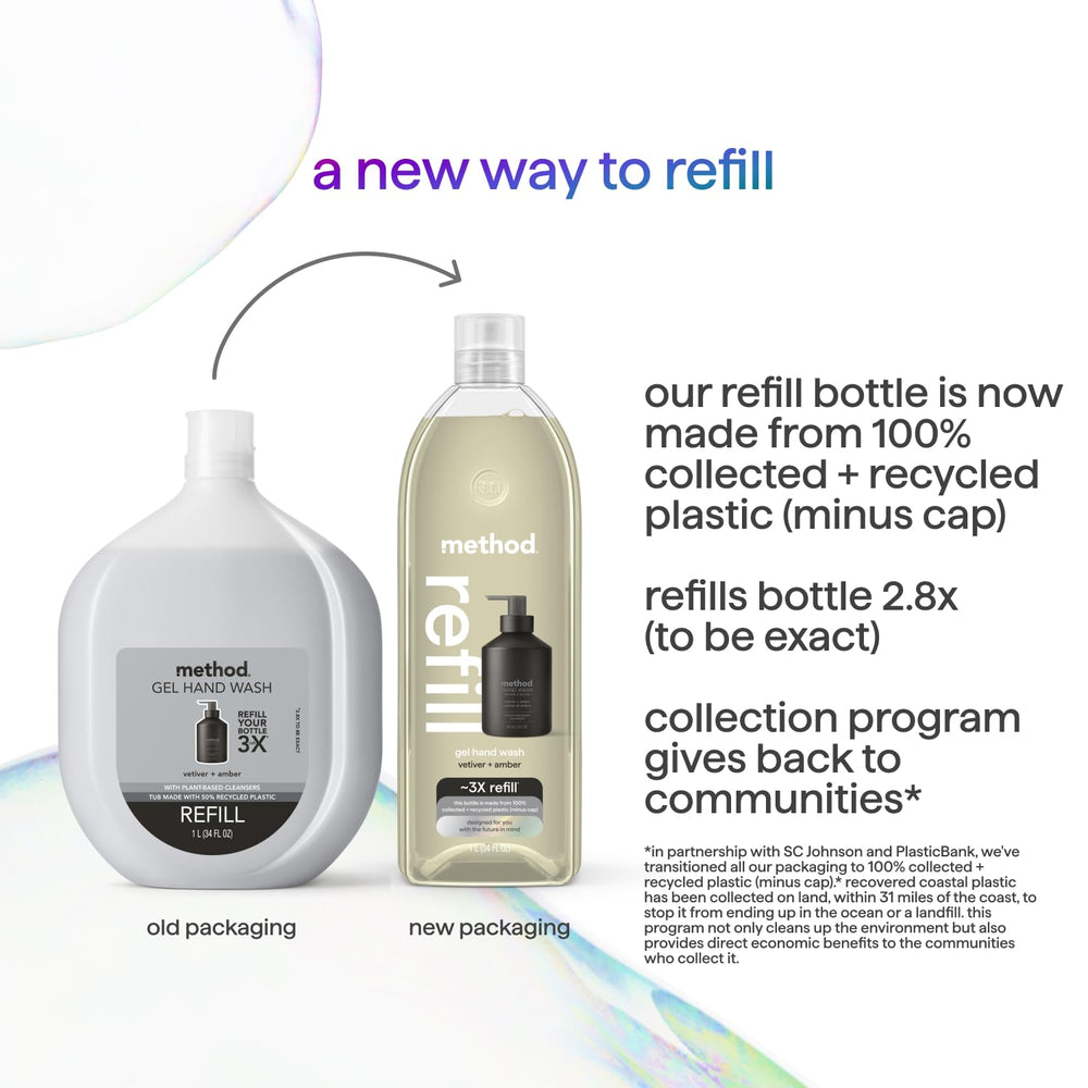 Ergonomic refill bottle designed for easy pouring and refilling with Method.