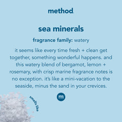 Method Sea Minerals bottle label highlights bergamot and rosemary fragrance for everyday freshness.