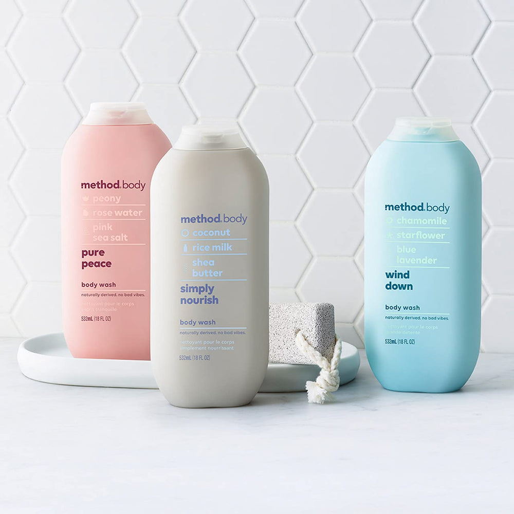 Chamomile and lavender visuals emphasize relaxing scent from Method Wind Down