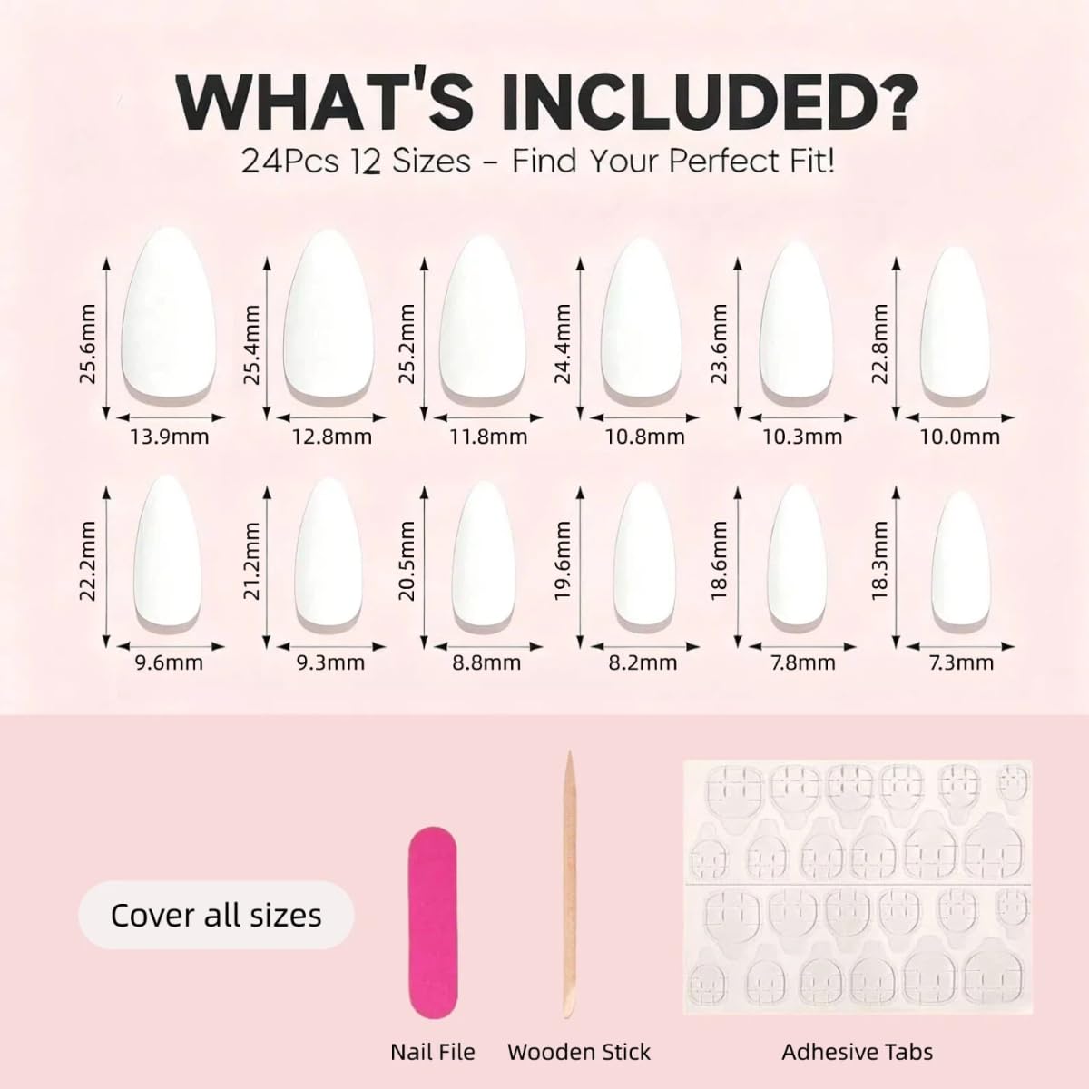 Meticula nail file and wooden stick assist quick application and removal.