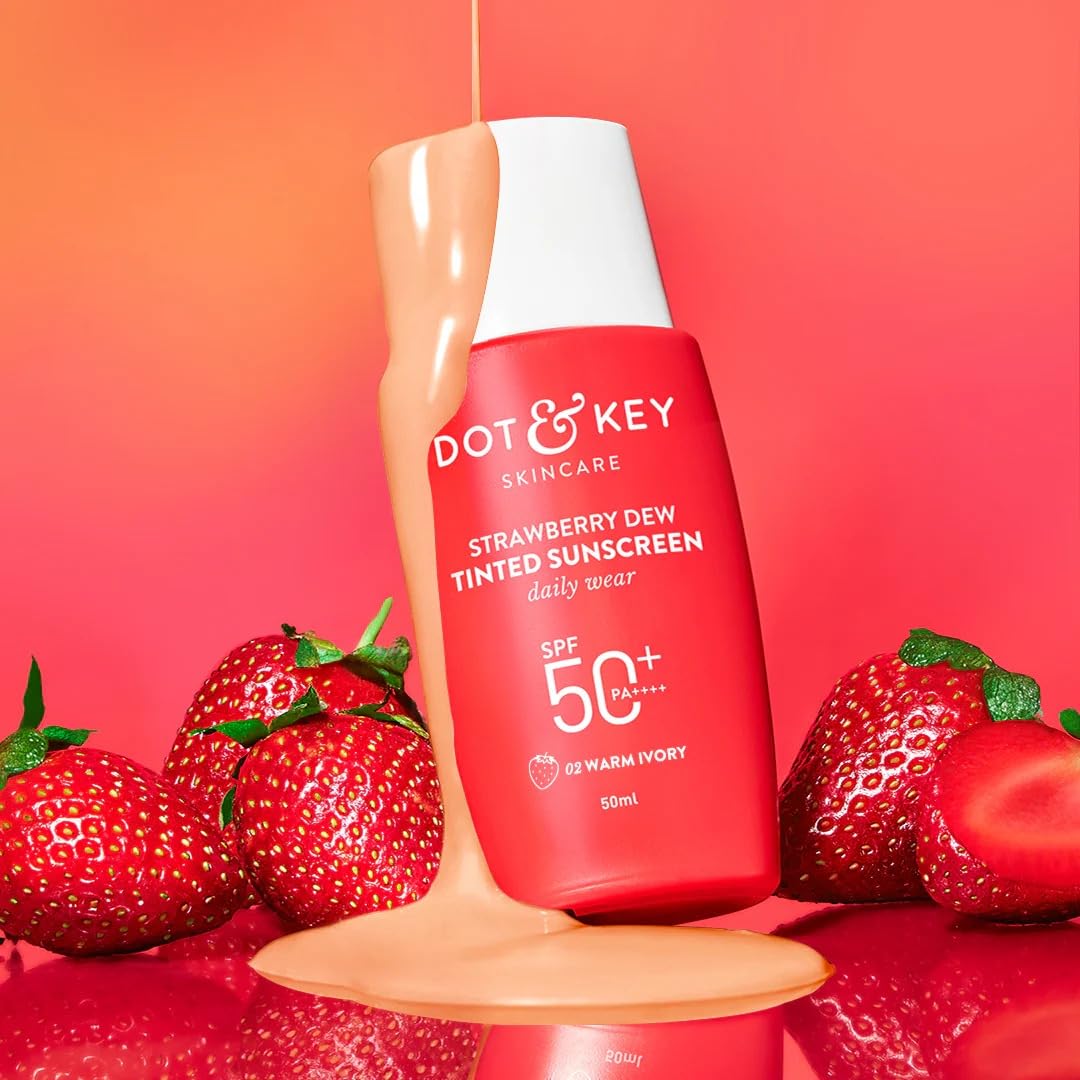 Metrey Herbotech Dott & Keyy Strawberry Dew tinted sunscreen bottle offers radiant, even skin with SPF 50+ PA++++