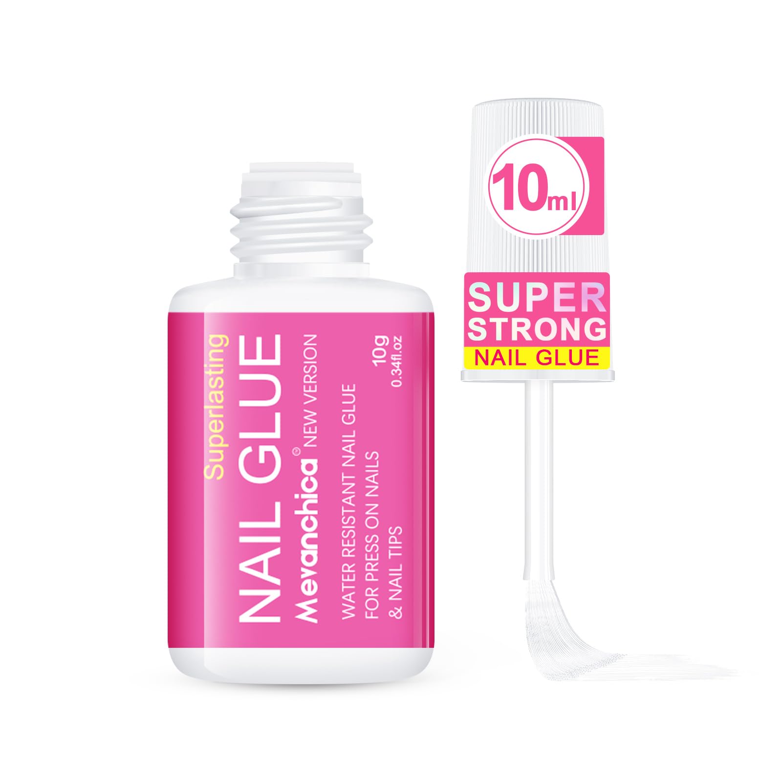 Mevanchica nail glue bottle demonstrating strong hold for press-on nails.