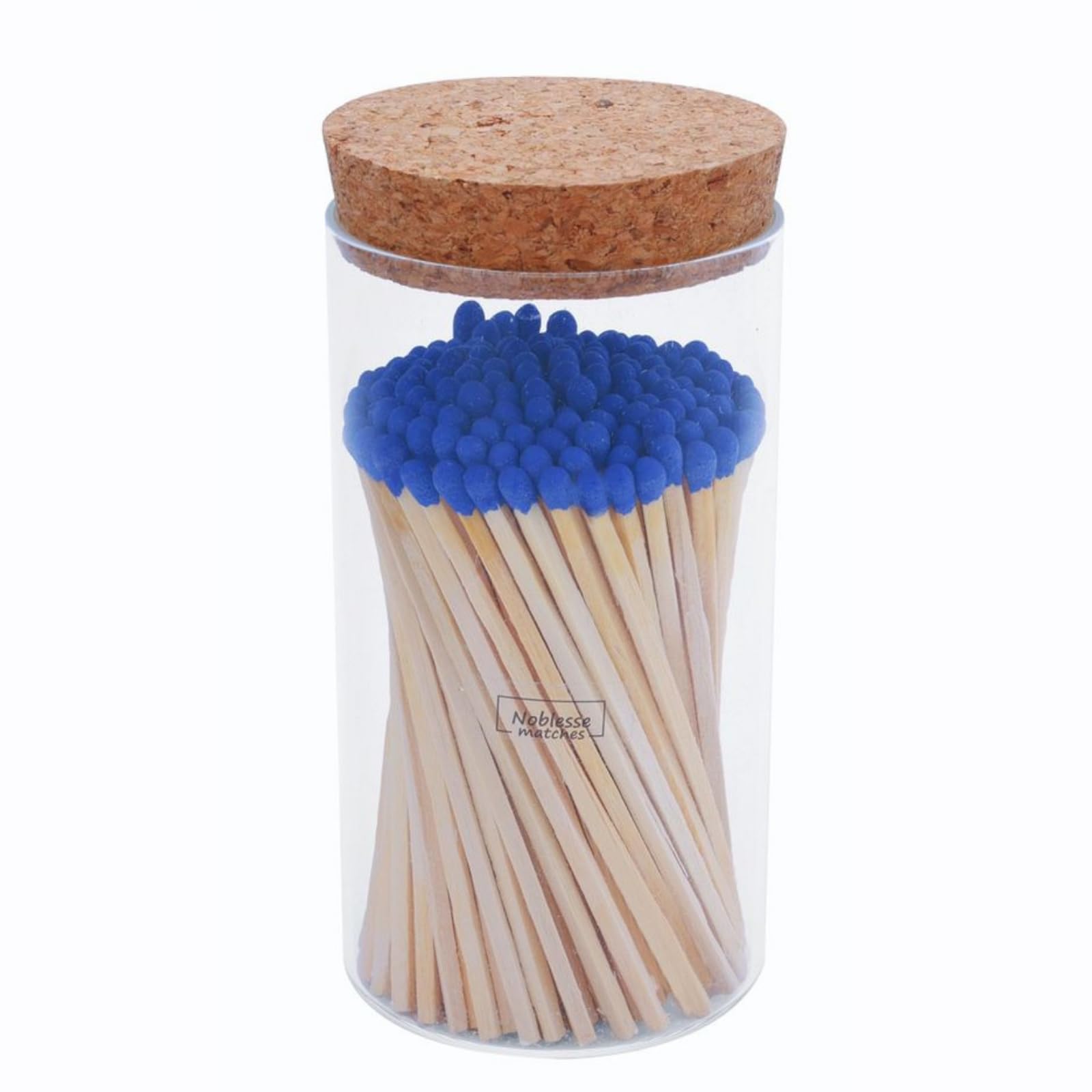 Meya Luxury colored safety matches in blue glass jar for elegant lighting.