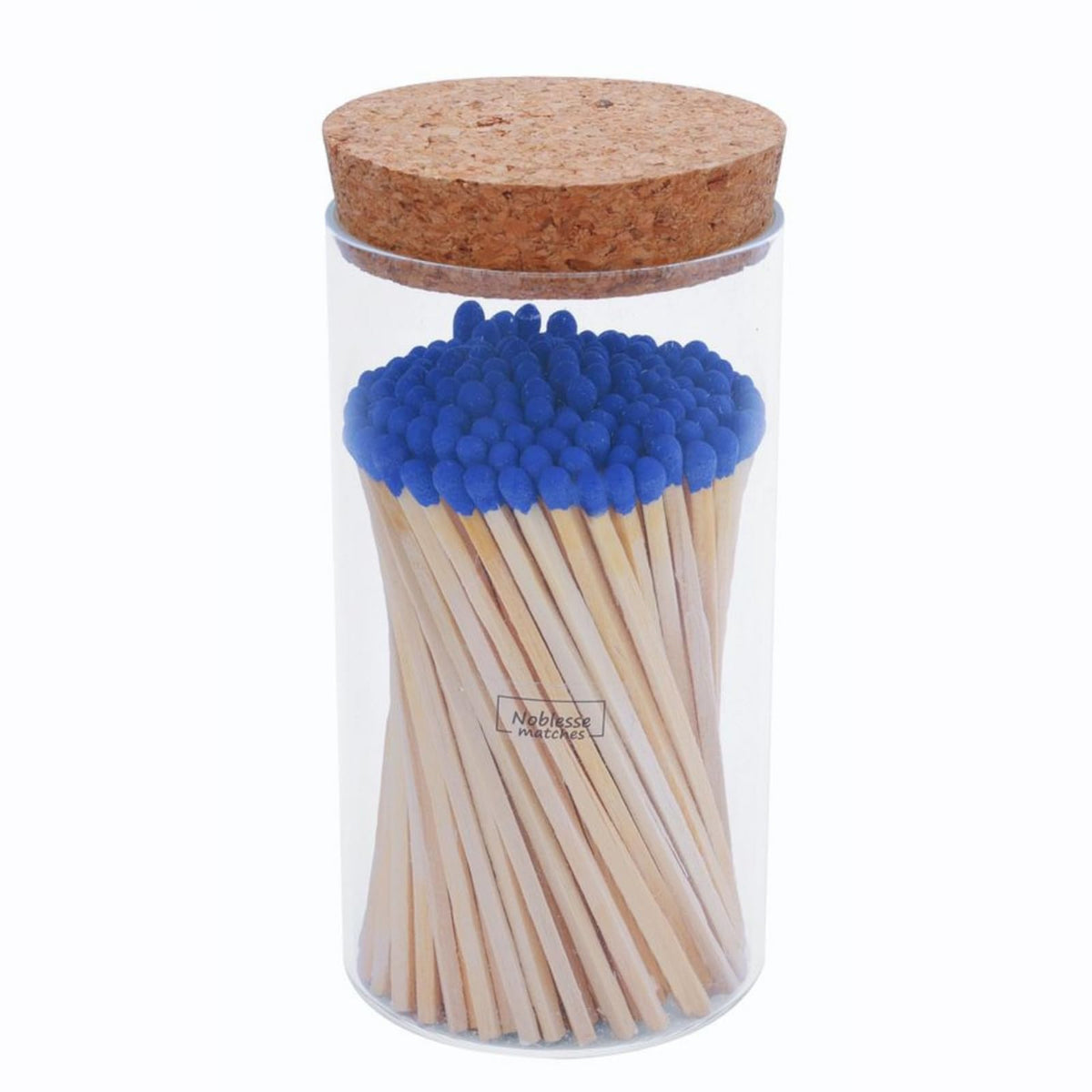 Meya Luxury colored safety matches in blue glass jar for elegant lighting.