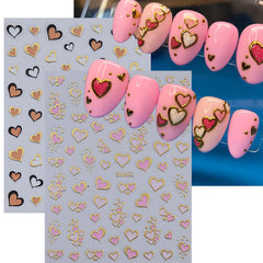 MEZYKAP pink-brown-gold heart stickers elevate Valentine nails.