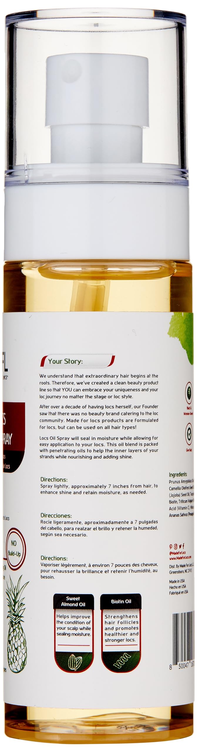 Close-up of ingredients on MFL vegan spray highlighting biotin and almond oil.