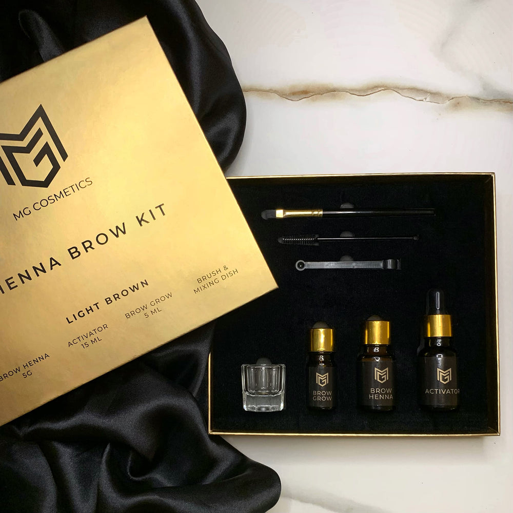 MG Cosmetics eyebrow henna kit activator pictured for vibrant long-lasting color results