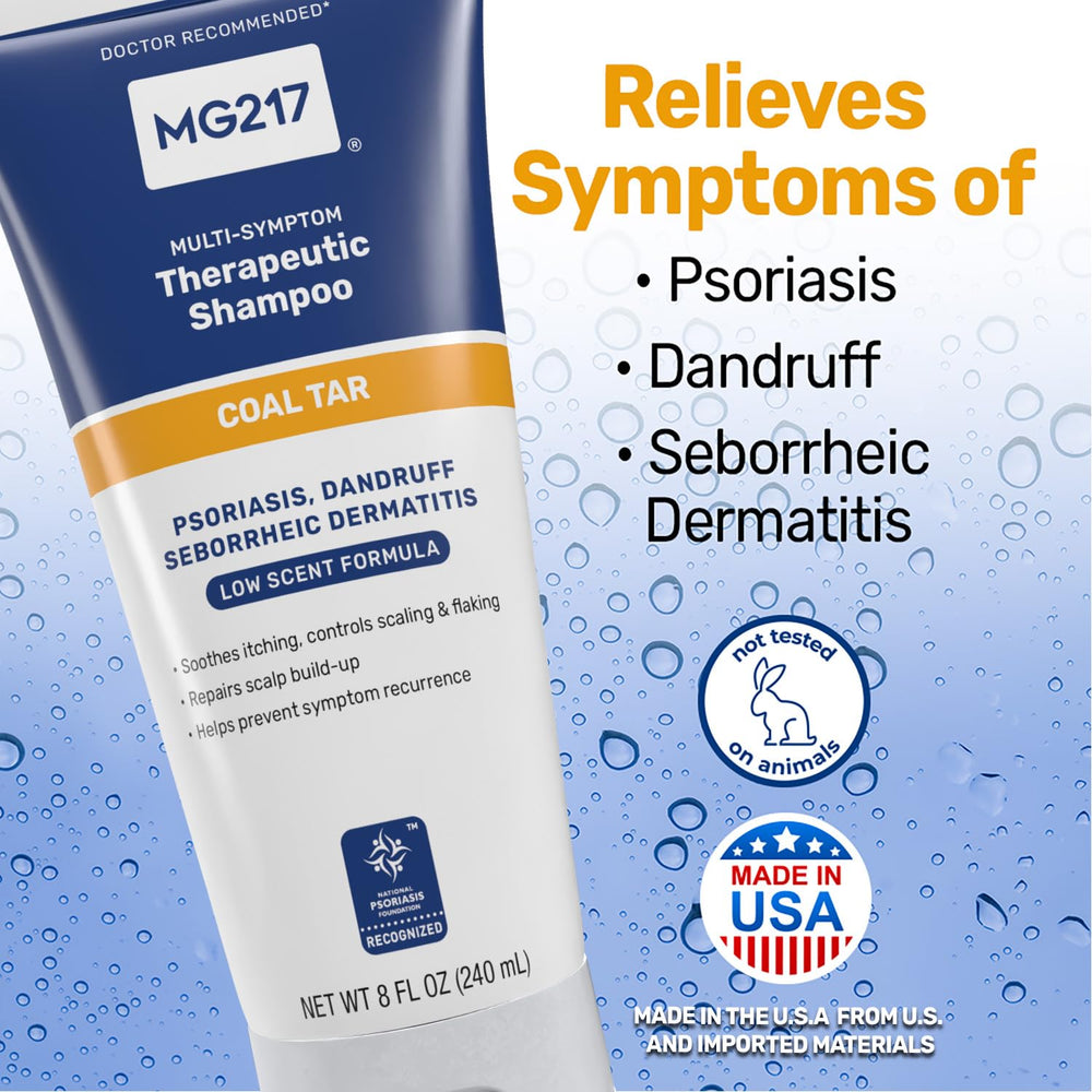 MG217 Psoriasis Shampoo healthy scalp concept image, potential relief from itching and flaking.