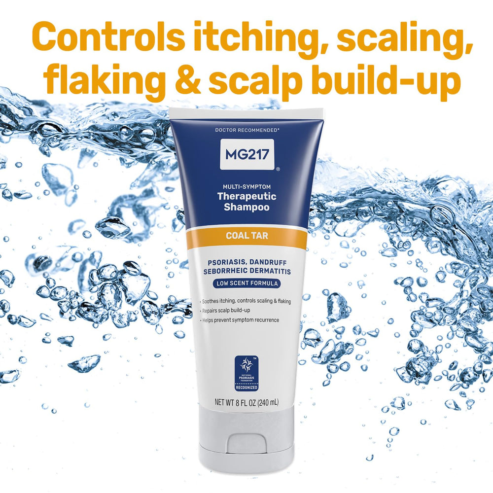 MG217 Psoriasis Shampoo label with coal tar, confirms 0.5% medicated treatment.