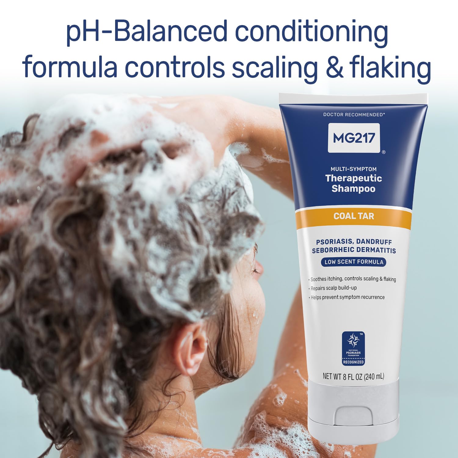 MG217 Psoriasis Shampoo lather shown, cleansing while addressing scale buildup gently.