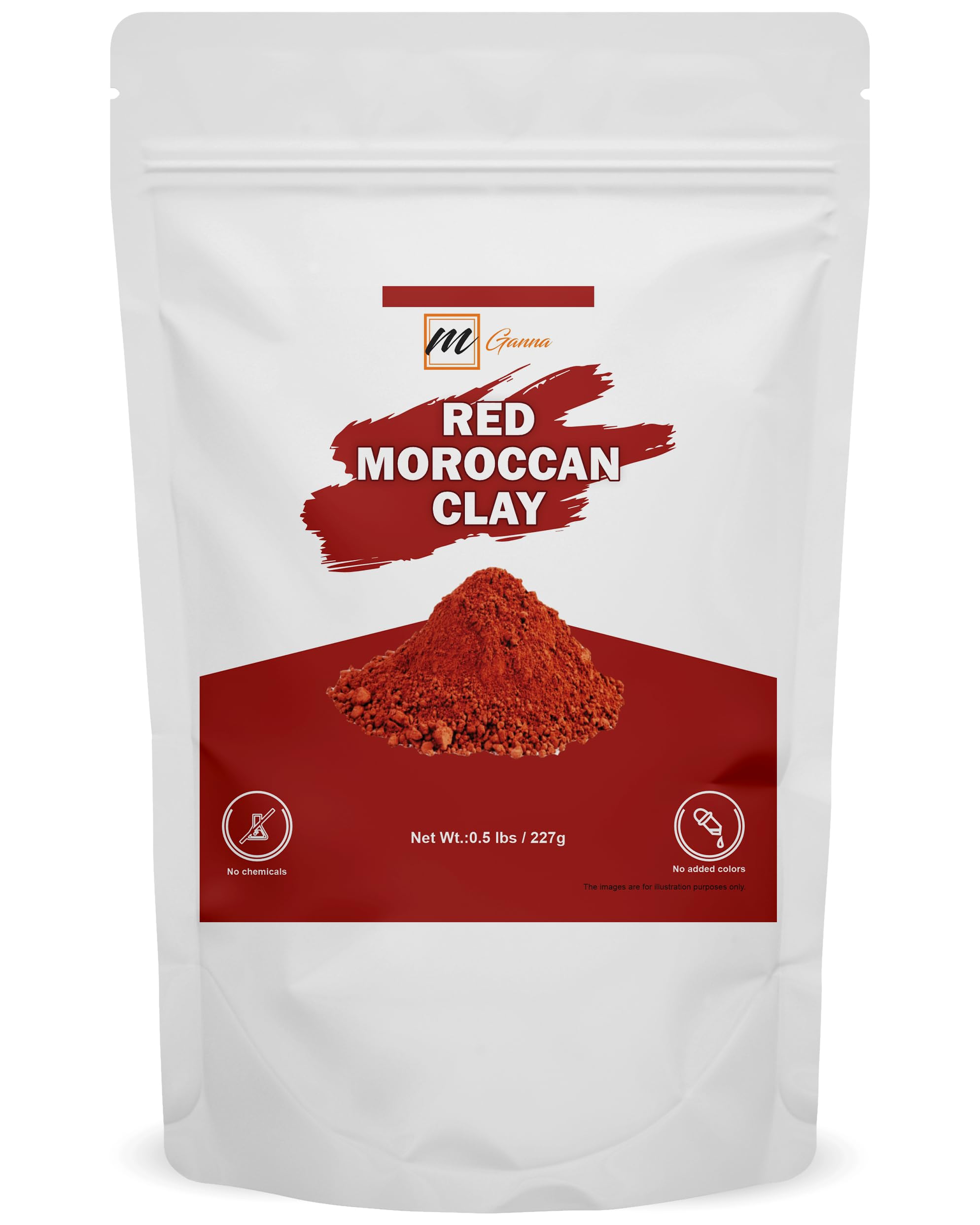 mGanna packaging of Moroccan Red Clay powder signals natural origin for purifying skincare routines.