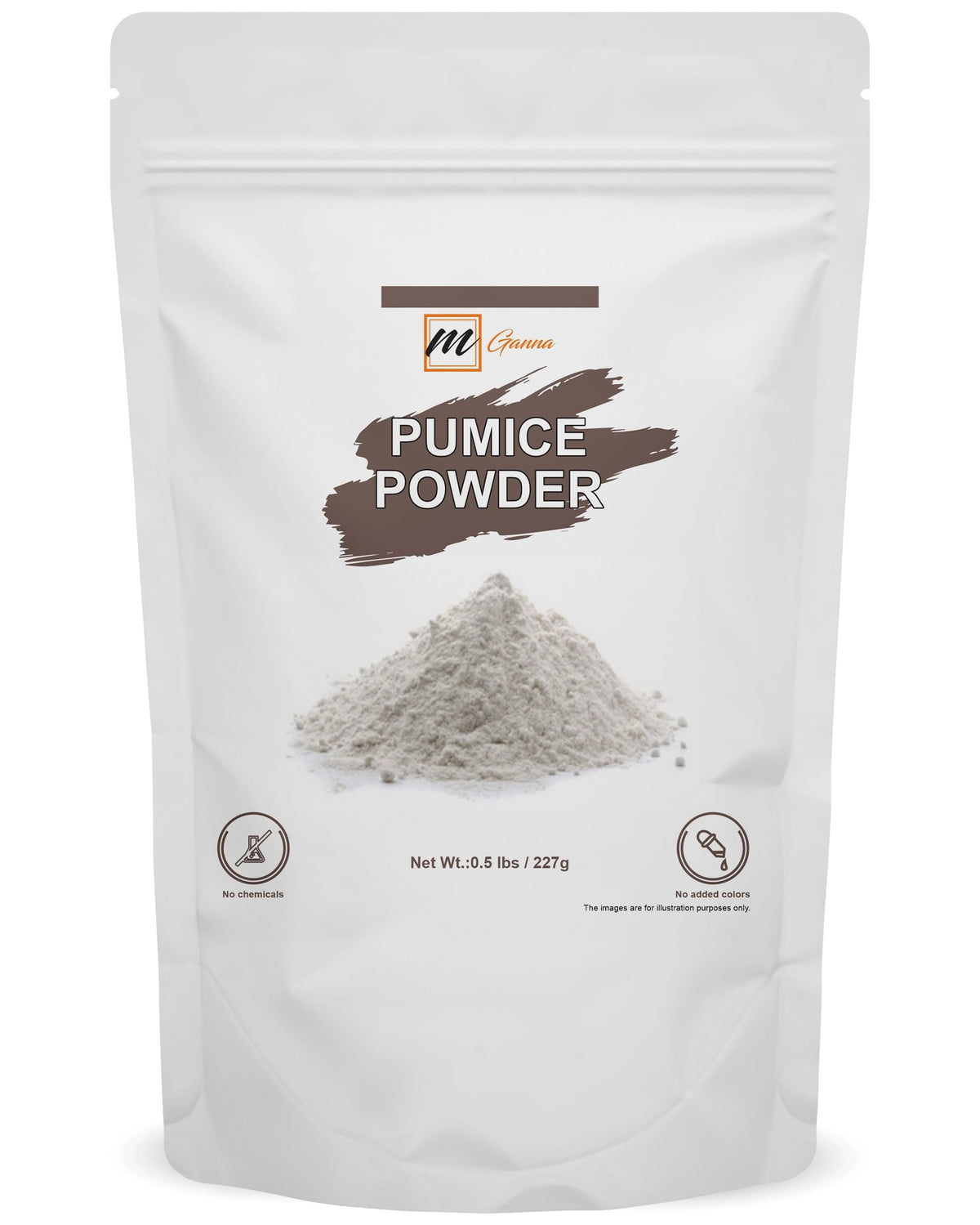 mganna pumice powder packaging jar showing pure exfoliant for cosmetics