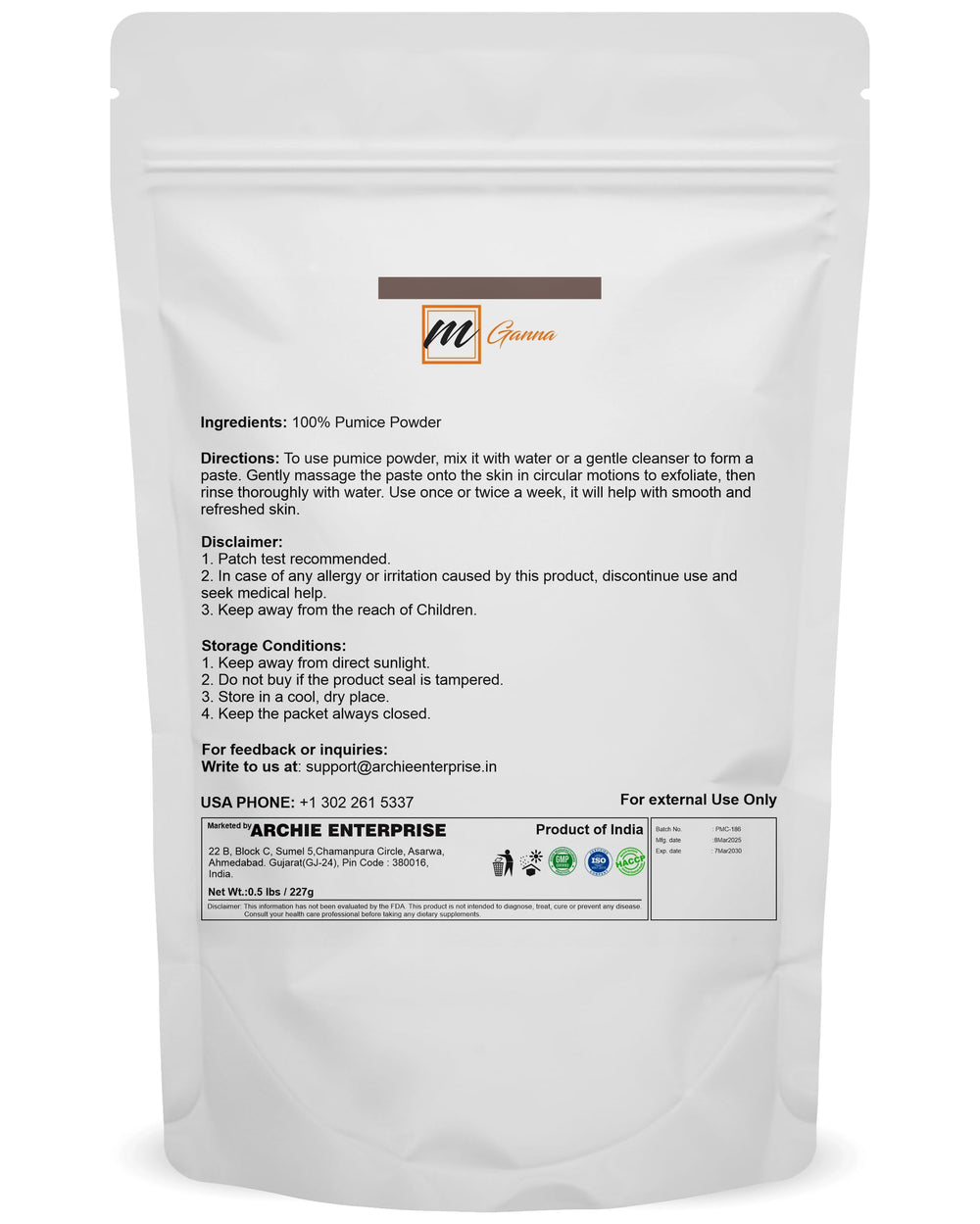 mganna pumice powder being poured to show fine texture for DIY scrubs