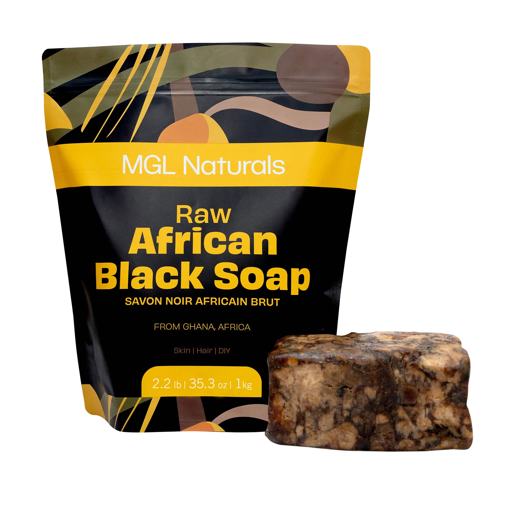 MGL Naturals Raw African Black Soap bar from Ghana for daily face and body cleanse.