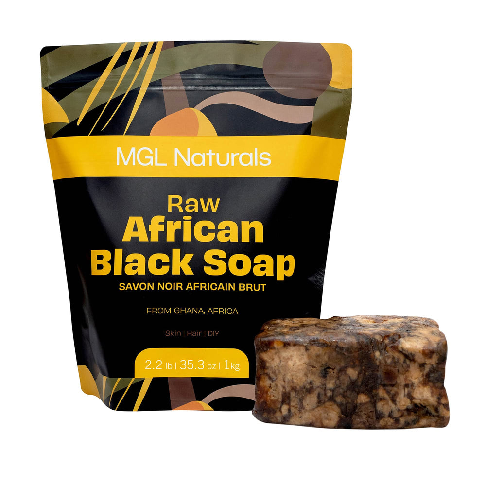 MGL Naturals Raw African Black Soap bar from Ghana for daily face and body cleanse.