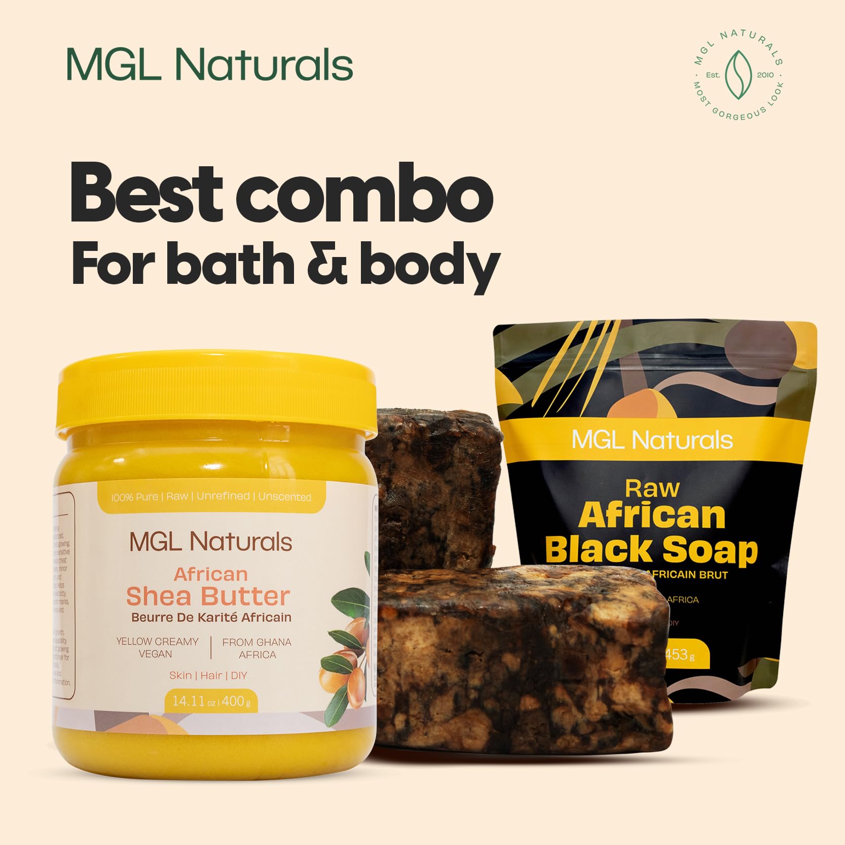 Fair-trade origin emphasis on MGL Naturals Ghana soap.