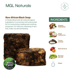 MGL Naturals African Black Soap packaging showing 2.2 lb size for family use.