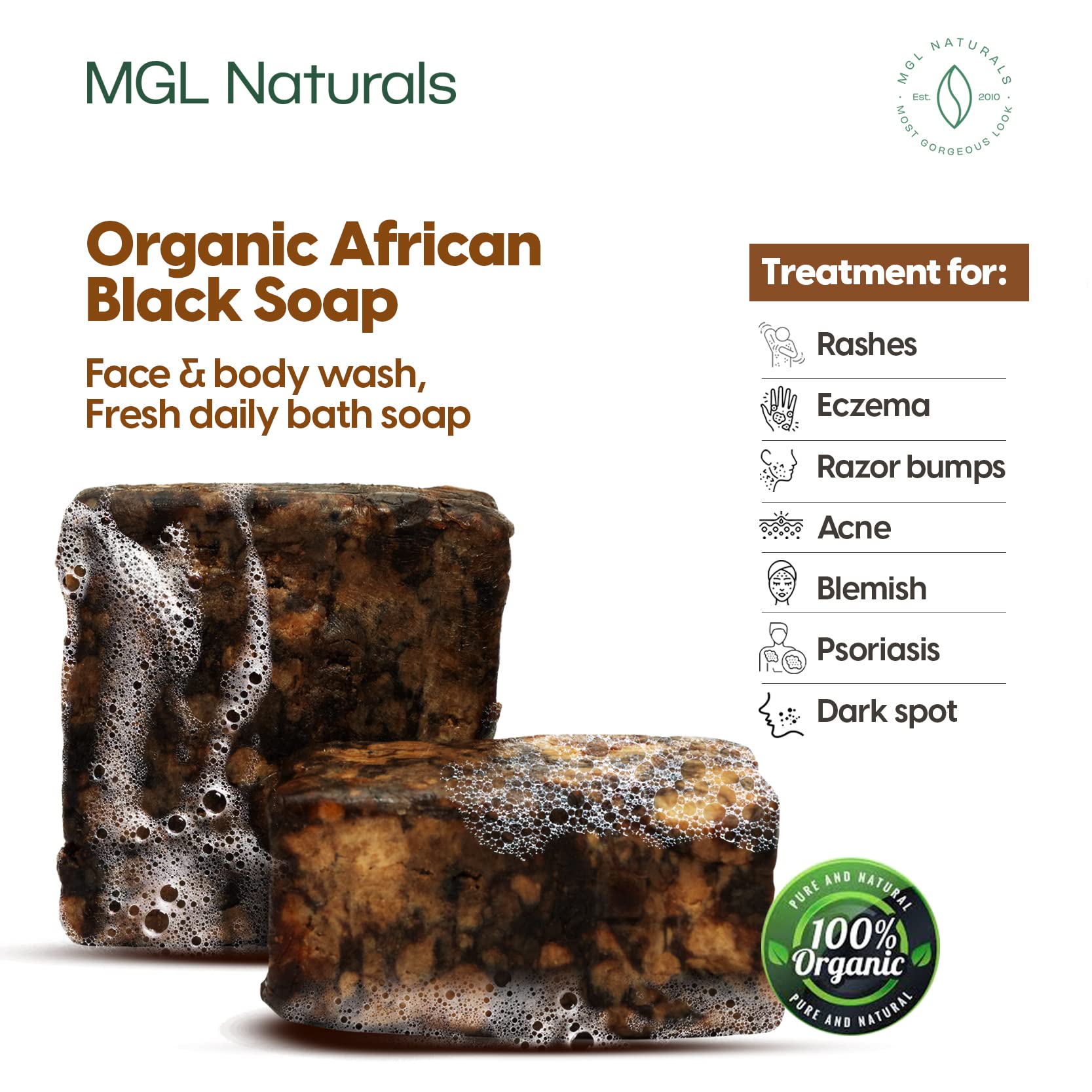 Close-up texture of MGL Naturals soap showing plantain ash and shea butter richness.