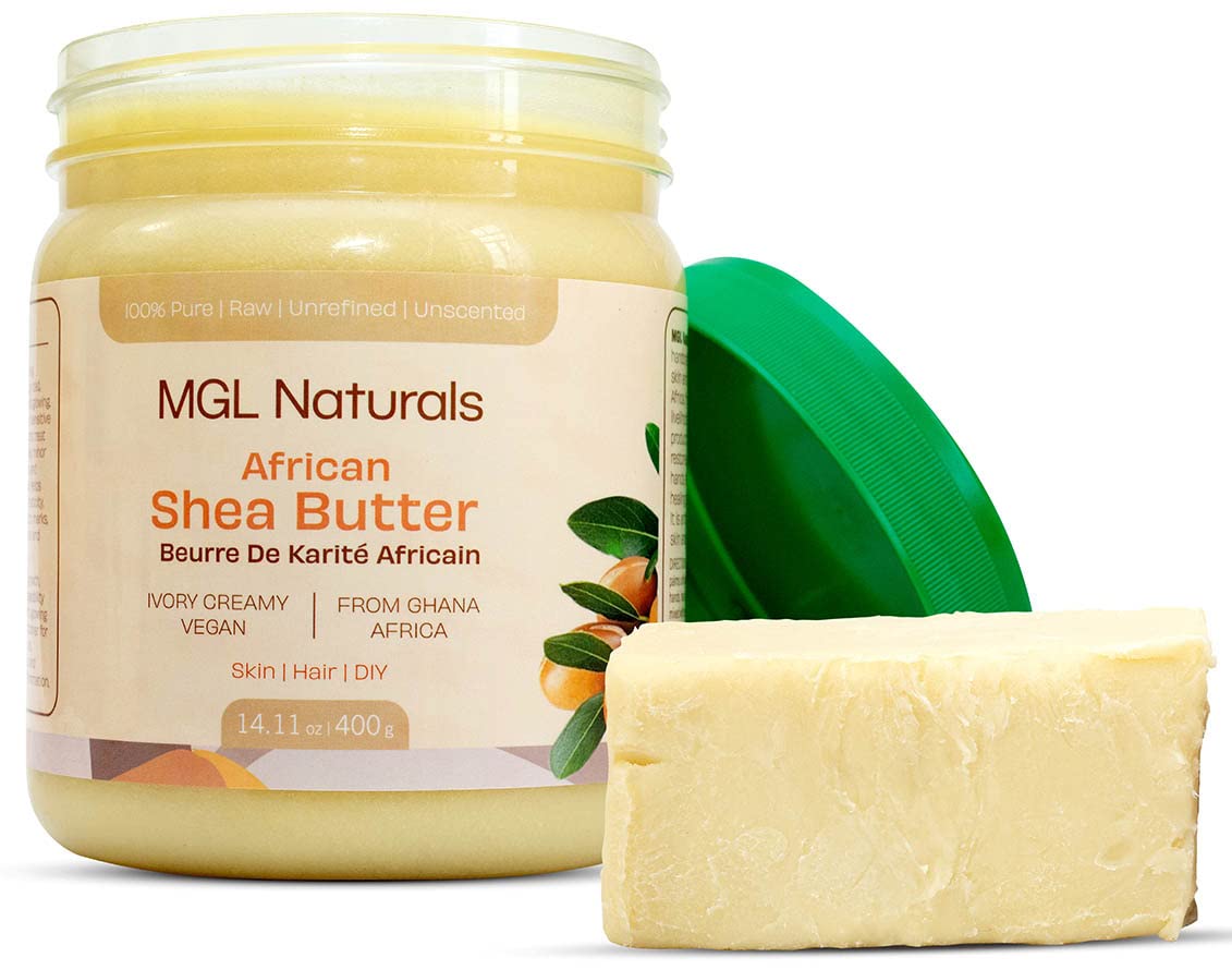 MGL Naturals Raw Shea Butter Ivory 16oz jar texture close-up for skin hydration