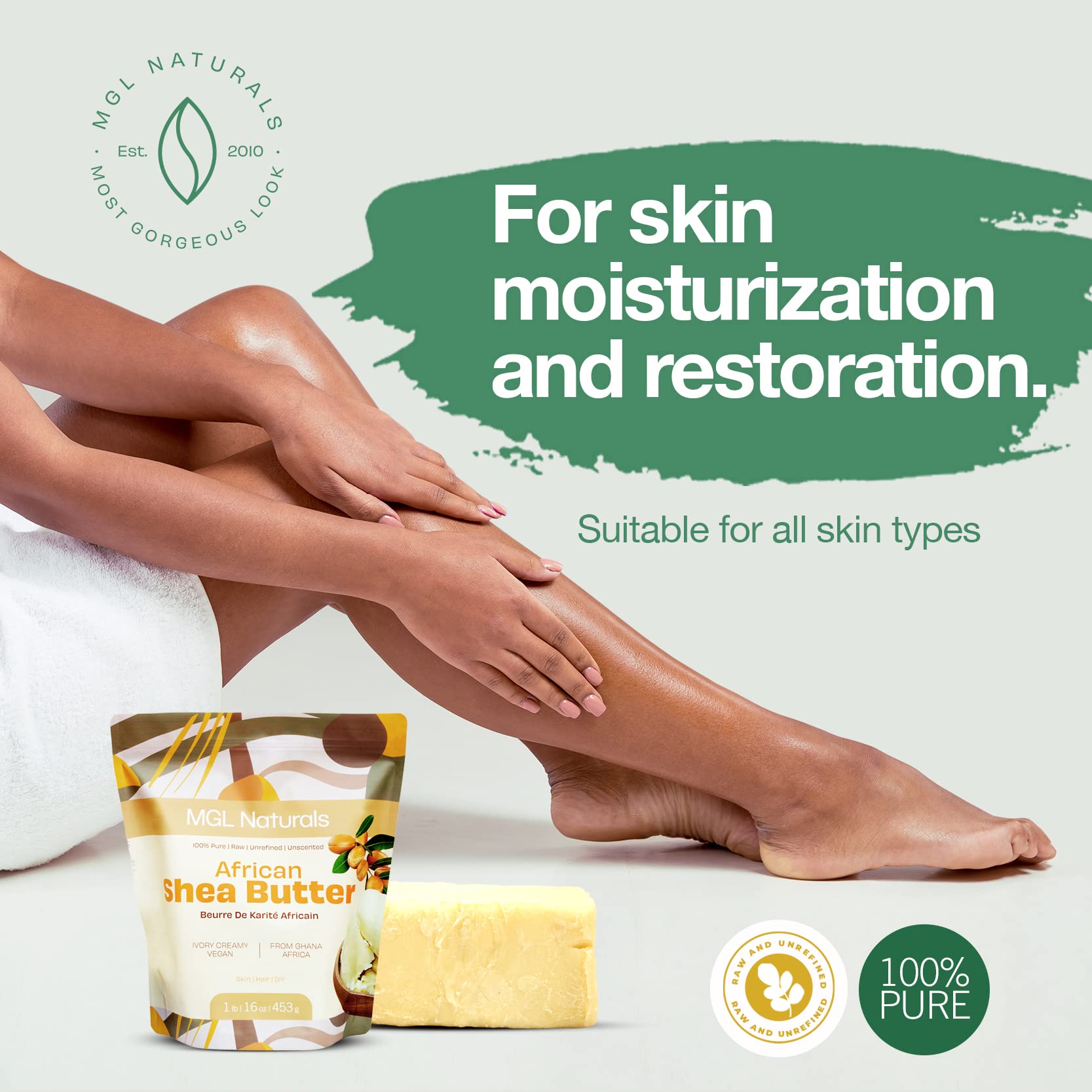 MGL Naturals Shea Butter packaging indicates eco-friendly storage.