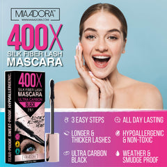 Mia Adora 400X Fiber Lash Mascara before-after scene highlights visible lift.