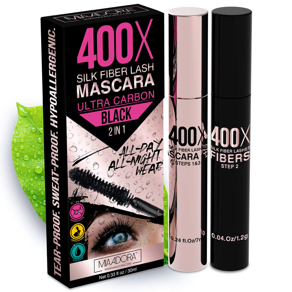 Mia Adora 400X Fiber Lash Mascara bottle showcases premium packaging for easy daily use.