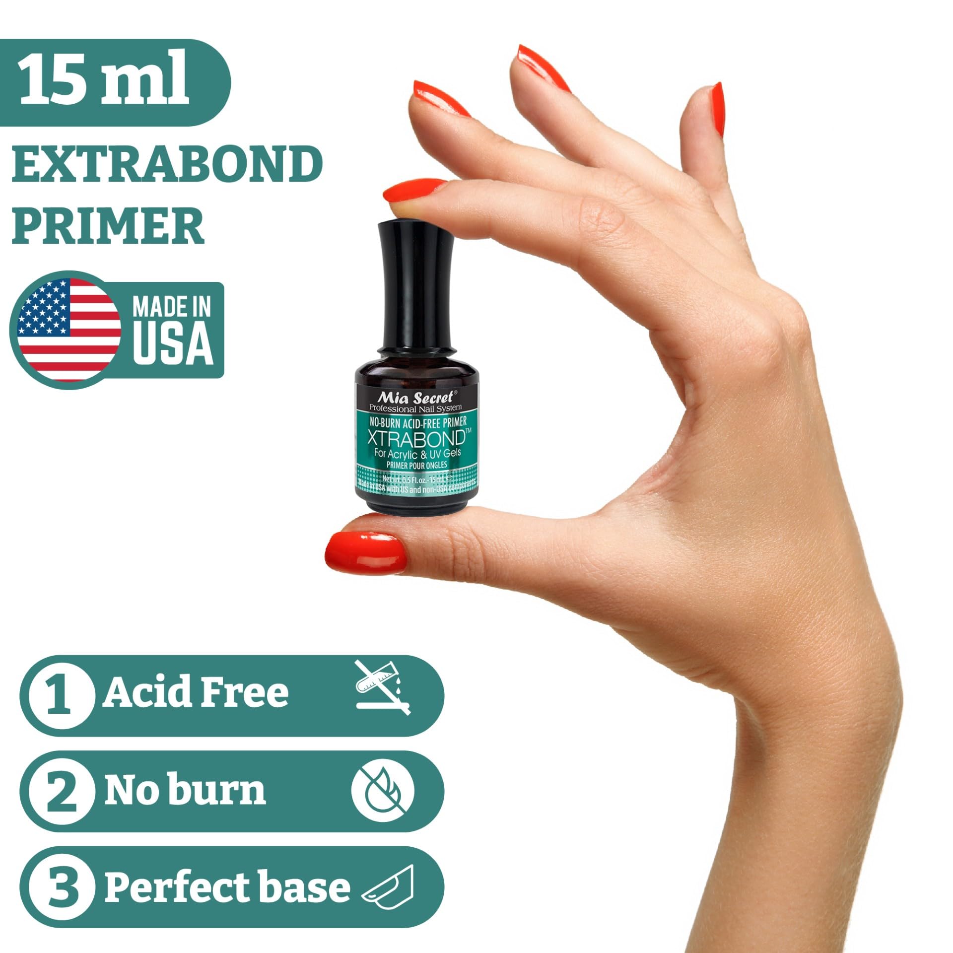 Mia Secret acid-free primer bottle highlighting gentle formula for sensitive clients.