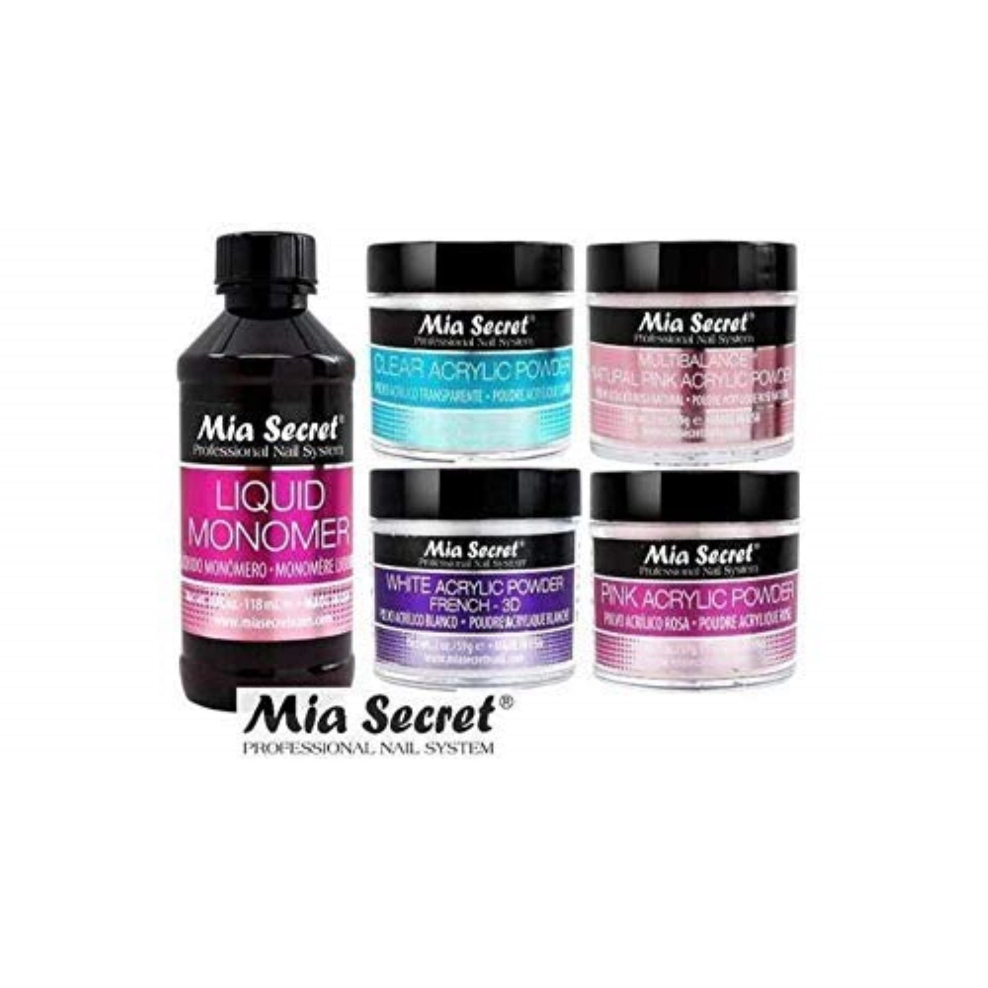 Mia Secret acrylic powder set with white, clear, pink, and Multibalance Pink 2 oz each for balanced nails.
