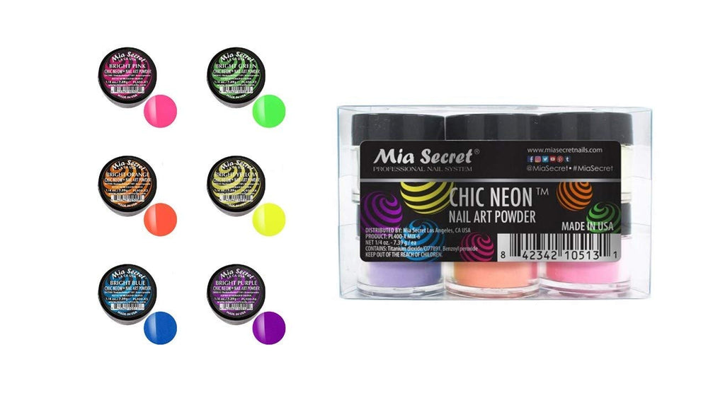 Mia Secret Chic Neon collection bottle with six vibrant acrylic powders for bold nails.