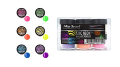 Mia Secret Chic Neon collection bottle with six vibrant acrylic powders for bold nails.