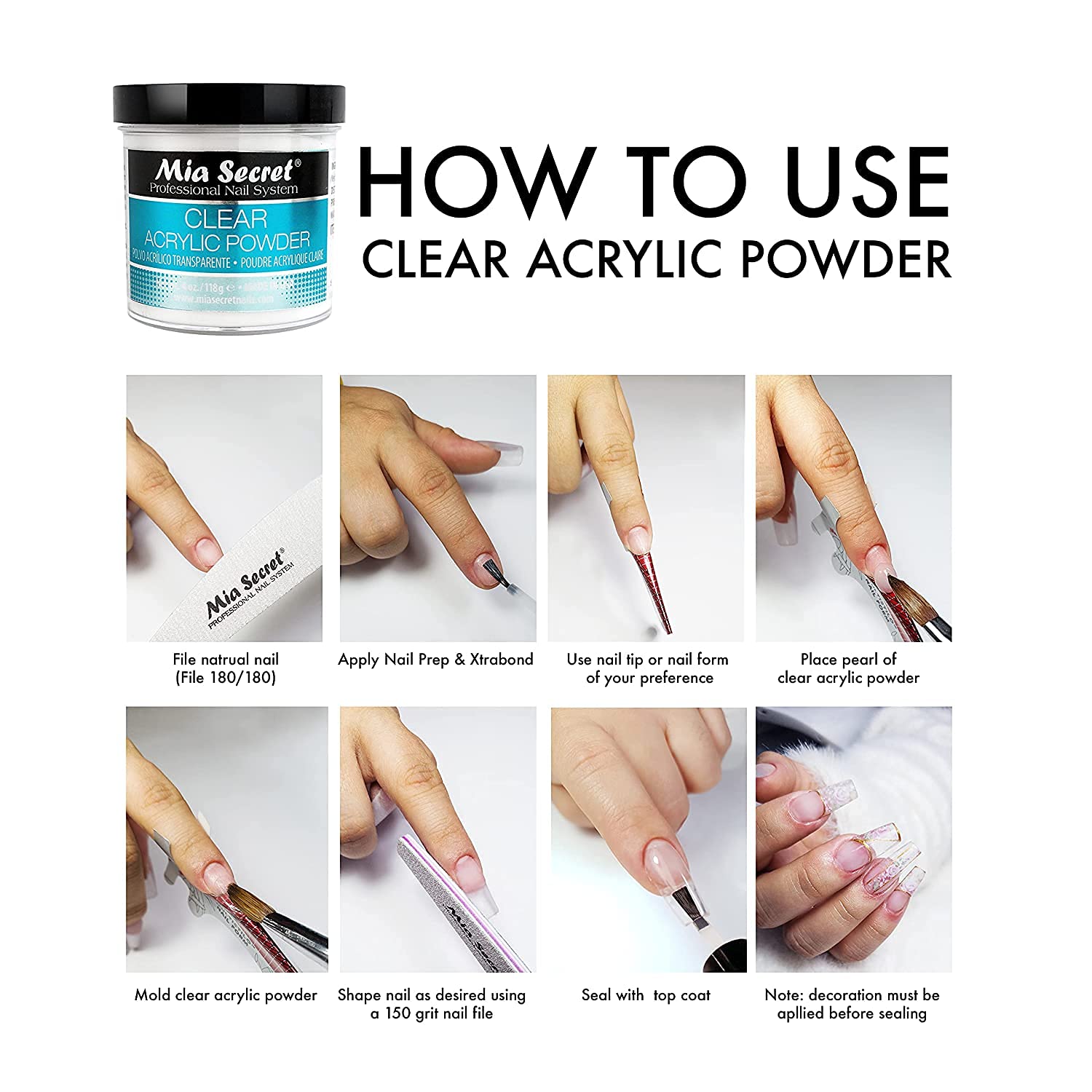 Mia Secret clear acrylic powder brush application—easy self-leveling consistency for smooth finishes.