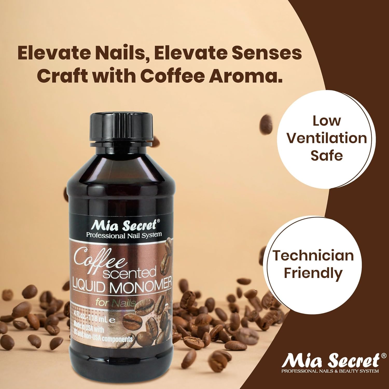 Mia Secret Coffee Scented Liquid Monomer open cap for easy handling during sessions