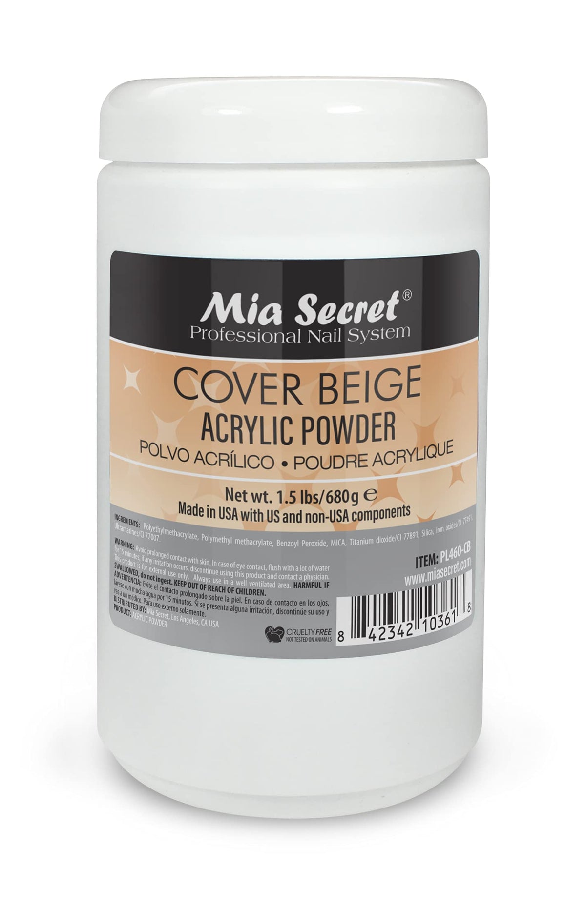 Mia Secret cover beige acrylic powder bottle for long-lasting nails.