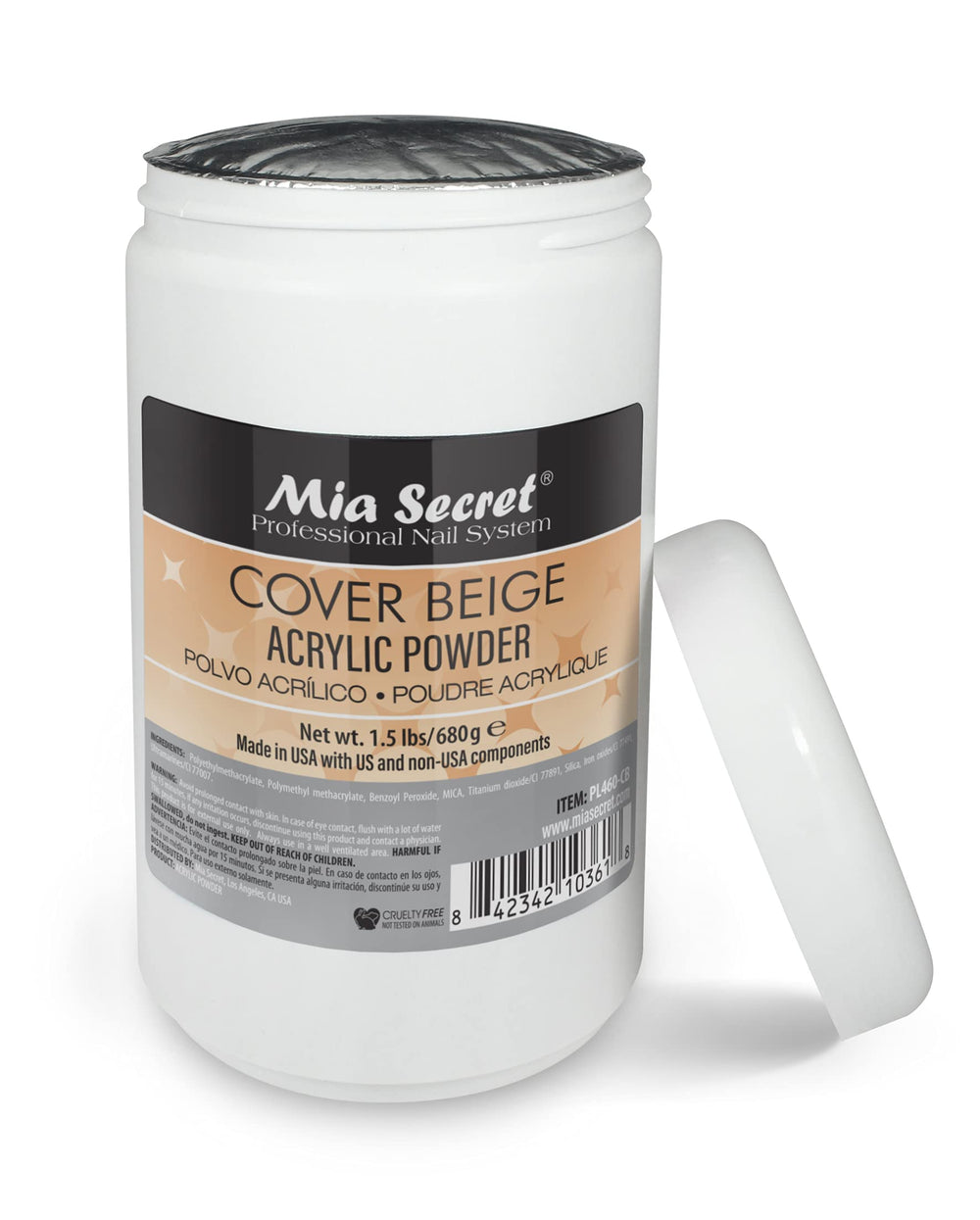 Mia Secret cover beige acrylic powder nail-art setup for creative designs.
