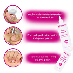 Applying Mia Secret Cuticle Softener Remover helps soften edges before shaping.
