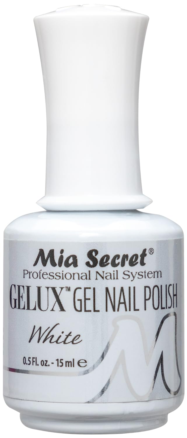 Mia Secret Gelux white bottle showing long-lasting gel enamel for salon-quality nails.