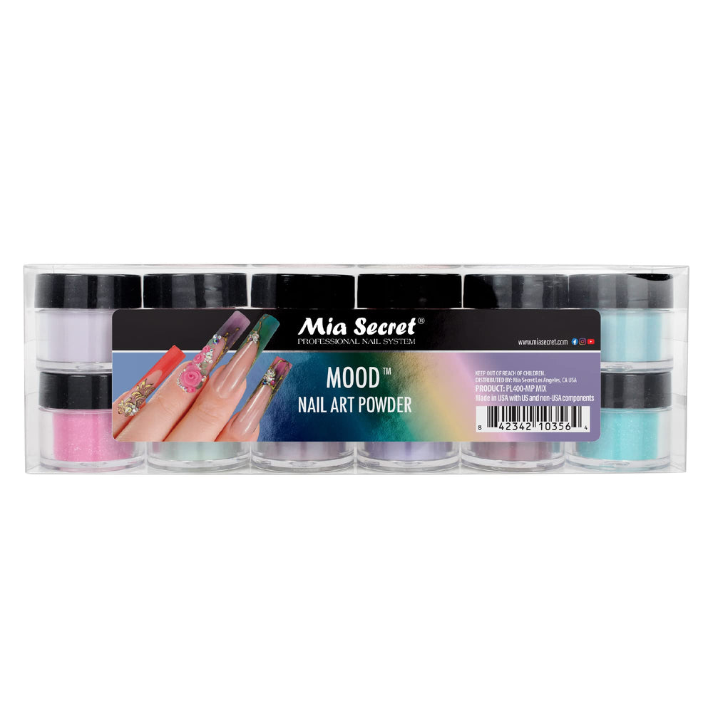 Mia Secret Mood pink glitter snow powder for vibrant color shifts in nails.