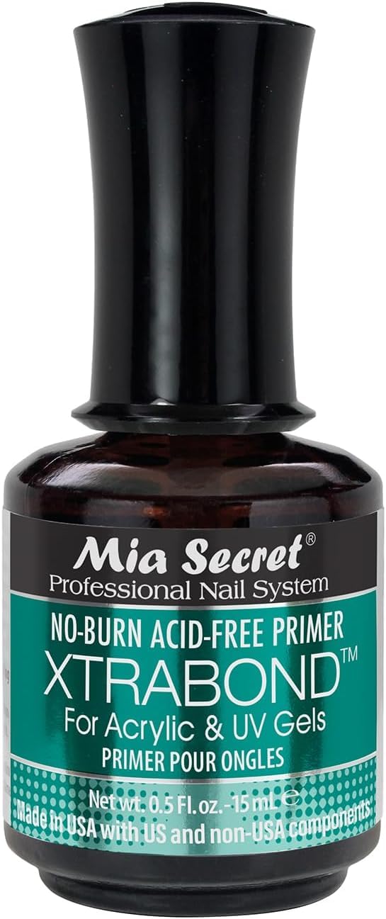 Mia Secret No Burn Primer bottle shows safe adhesion for nails.