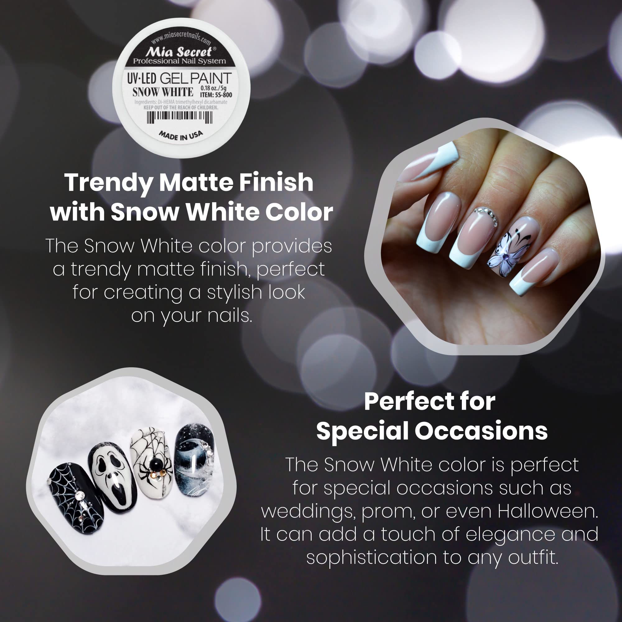 Mia Secret Snow White gel swatches displaying opaque white hue.