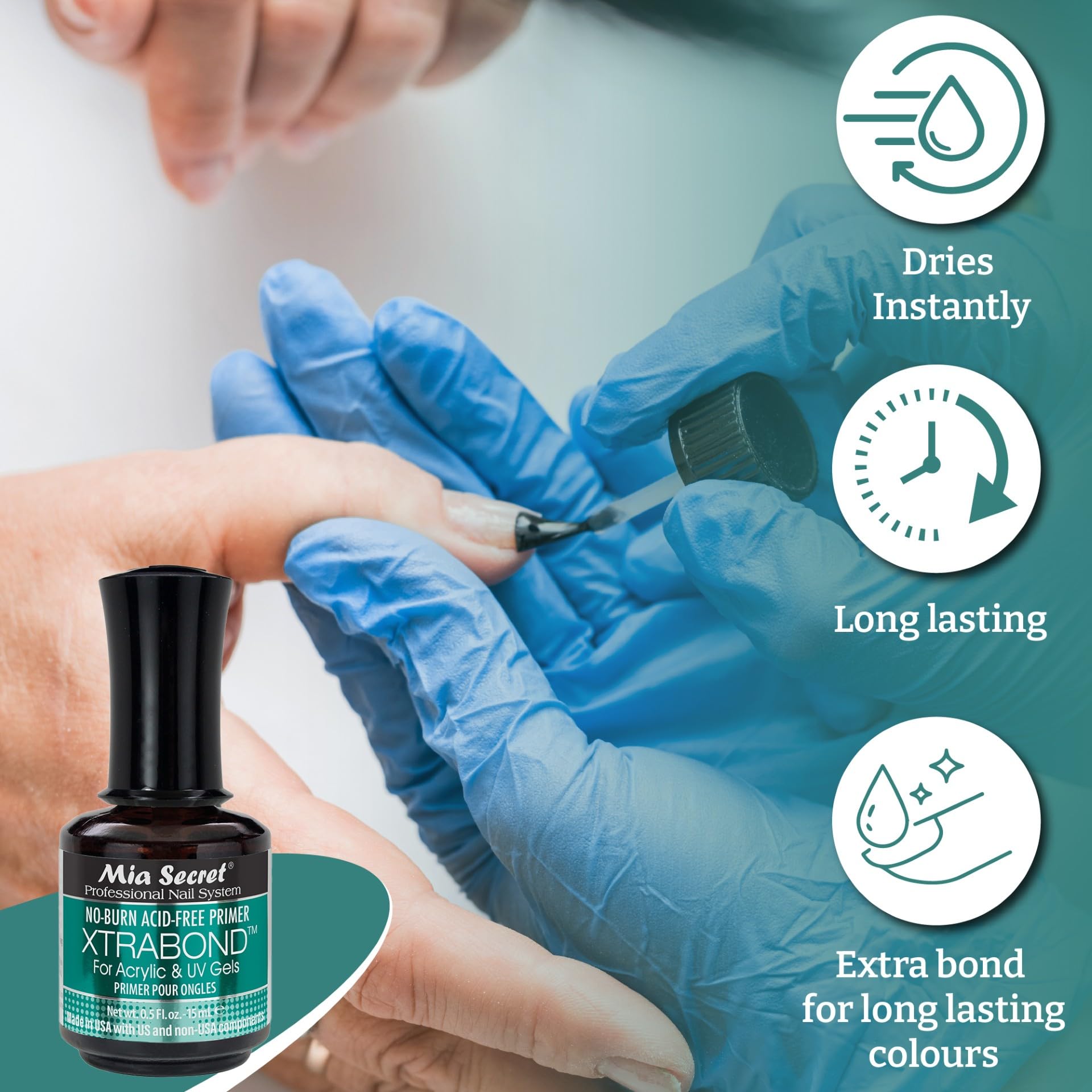 Mia Secret XtraBond priming application emphasizes strong adhesion with no burn.