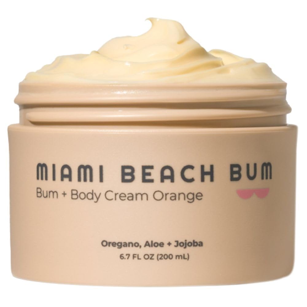 Miami Beach Bum orange oregano cream bottle highlights hydrating body care.